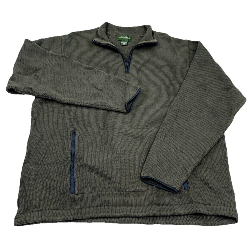Eddie Bauer Sweater‎ Men XL Olive Green Pullover Quarter Zip Heavy Chunky Knit